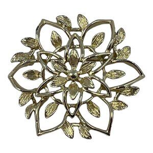 Vintage Sarah Coventry Broch Pink Gold Tone Round Floral Leaf Open‎ Work Texture